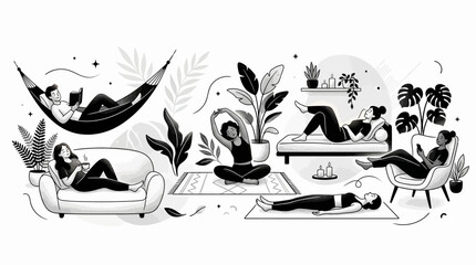Obraz premium People relaxing at home in various positions and activities