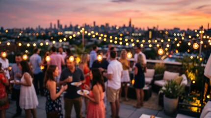 Obraz premium Rooftop party social gathering people blurred bokeh city skyline sunset twilight urban lifestyle summer event celebration dinner drinks