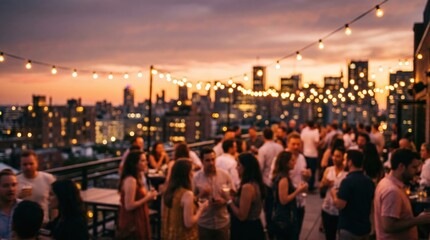 Obraz premium Rooftop bar party social gathering city skyline sunset string lights people networking evening celebration outdoor event urban lifestyle nightlife