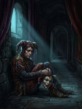 Melancholy Jester's Solitude: A lone jester, adorned in a colorful, traditional costume, sits dejectedly in a dimly lit, stone corridor, holding a detached smiling mask.