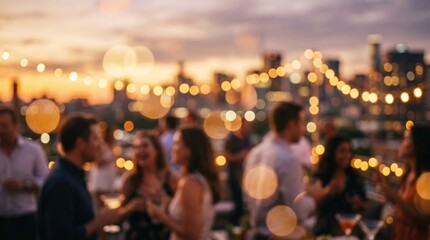 Obraz premium Blurred rooftop party sunset bokeh city skyline background social gathering celebration nightlife evening drinks people outdoor event atmosphere