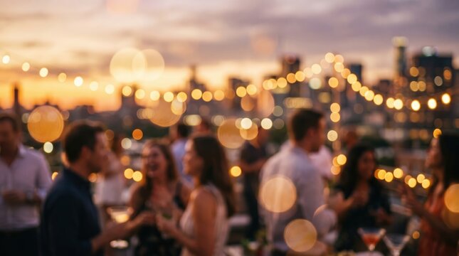Blurred rooftop party sunset bokeh city skyline background social gathering celebration nightlife evening drinks people outdoor event atmosphere
