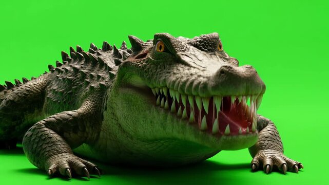 Realistic crocodile isolated on a green screen background, detailed reptile animation suitable for wildlife productions and VFX compositing.