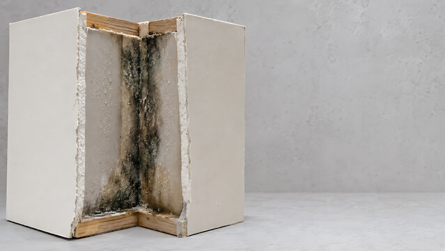 Severe black mold growth between wall studs revealing hidden moisture damage with moisture construction dampness renovation remediation building maintenance interior