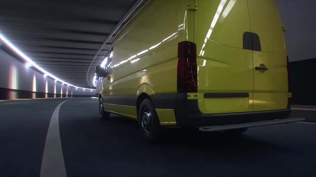 3d model Yellow Delivery Van Driving Through Modern Highway Tunnel. Realistic 4k animation.