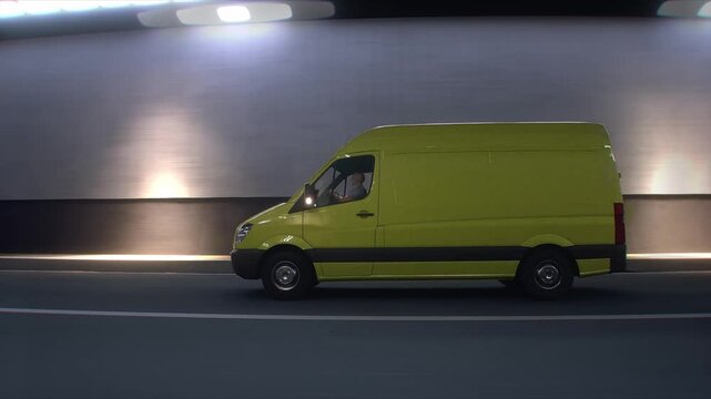 3d model Yellow Delivery Van Driving Through Modern Highway Tunnel. Realistic 4k animation.