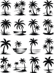 Fototapeta premium Black silhouette palm tree icons, tropical beach symbols, vector graphics set
