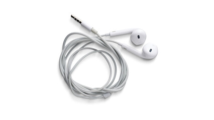 White Wired Earbuds with 3.5mm Audio Jack Isolated on White Background, Coiled Headphone Cable for...