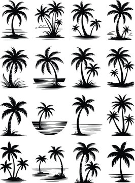 Black silhouette palm tree icons, tropical beach symbols, vector graphics set