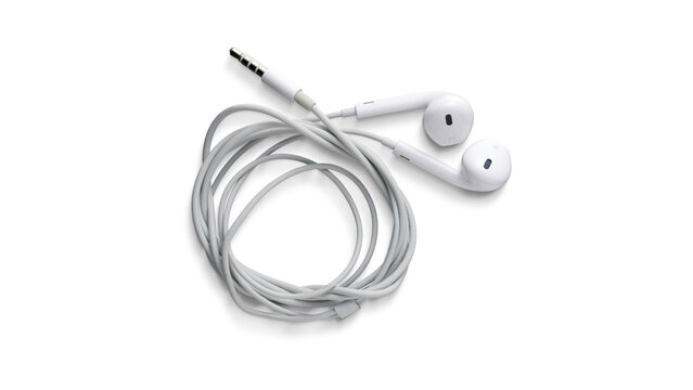 White Wired Earbuds with 3.5mm Audio Jack Isolated on White Background, Coiled Headphone Cable for Music and Communication