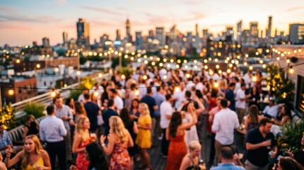 Obraz premium Rooftop party crowd city skyline sunset event celebration socializing summer night festoon lights urban lifestyle cocktail gathering