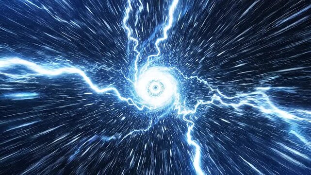 Electric blue lightning bolt explosion in space with white center and dark background
