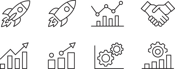 Rocket Ship and Business Bar Chart Icons with Network Nodes, Handshake, and Gear Settings in Black Line Art © NAYEM3D