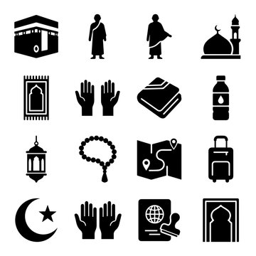 Islamic Symbols And Ritual Objects Black Silhouette Icons On White