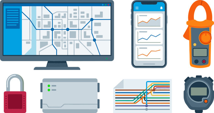 Industrial Network Telemetry and Logistics Monitoring Icon Set with Tracking Map Analytics Smartphone Clamp Meter Router and Padlock Vectors