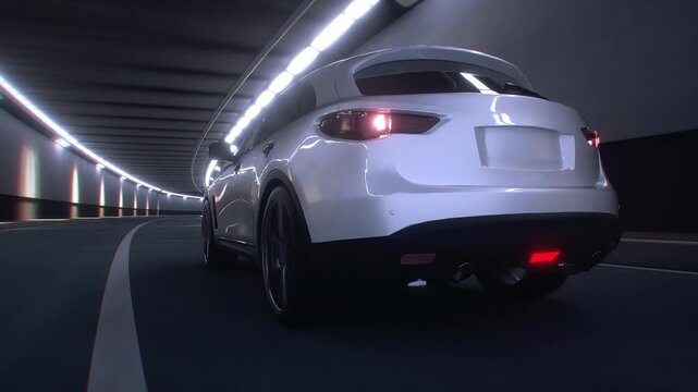 3d model white Luxury Sports Crossover Driving Through Modern Highway Tunnel. Realistic 4k animation.