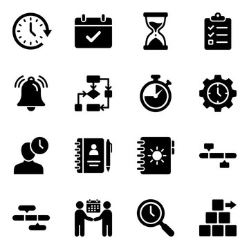 Time Management Icons Flat Black Silhouettes On White Background