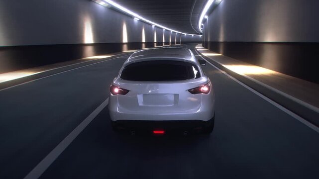 3d model white Luxury Sports Crossover Driving Through Modern Highway Tunnel. Realistic 4k animation.