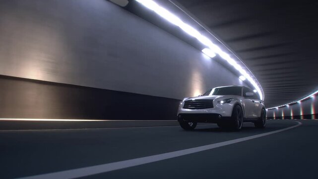 3d model white Luxury Sports Crossover Driving Through Modern Highway Tunnel. Realistic 4k animation.