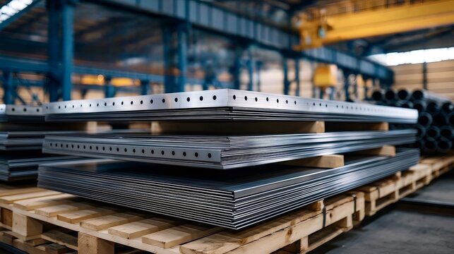 Stacking metal sheets on pallets in industrial warehouse