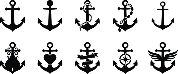 A collection of black nautical anchor icons isolated on a white background for marine design elements. © Fazla Rabbi
