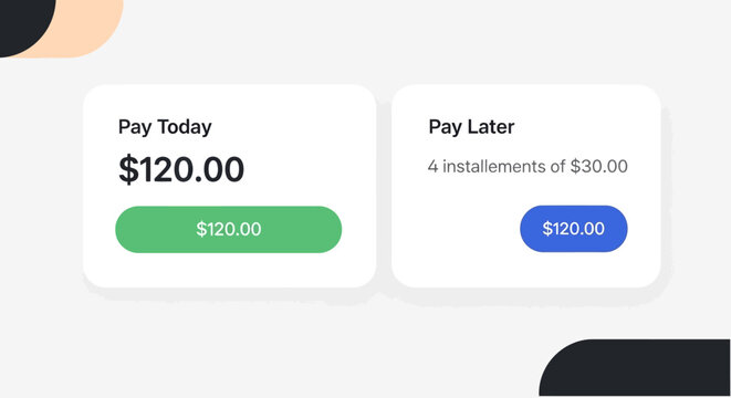 Buy Now Pay Later BNPL Payment Options UI Design with Installment Plans and Pay Today Choice for E-commerce