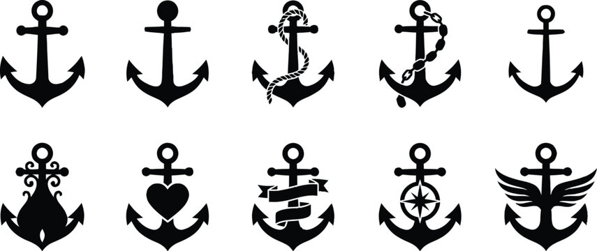 A collection of black nautical anchor icons isolated on a white background for marine design elements.