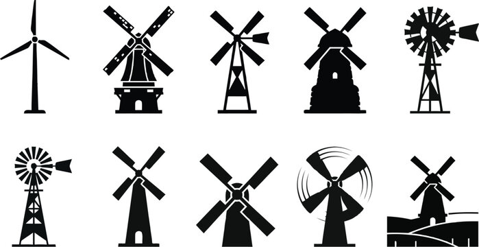 Set of windmill silhouette icons isolated on white background.