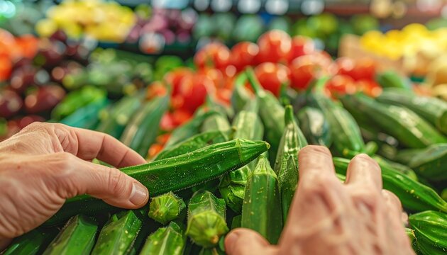 A close-up shot of a person's hands selecting fresh okra from a vibrant display of vegetables in a market. The focus is on the crisp green okra pods, surrounded by other colorful produce
