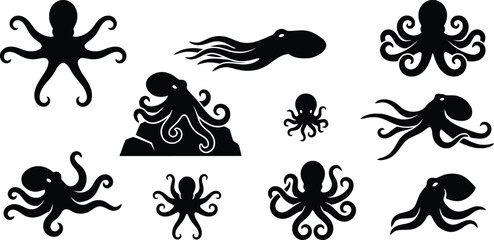 A collection of various octopus silhouettes isolated on a white background for marine wildlife design projects. © Fazla Rabbi