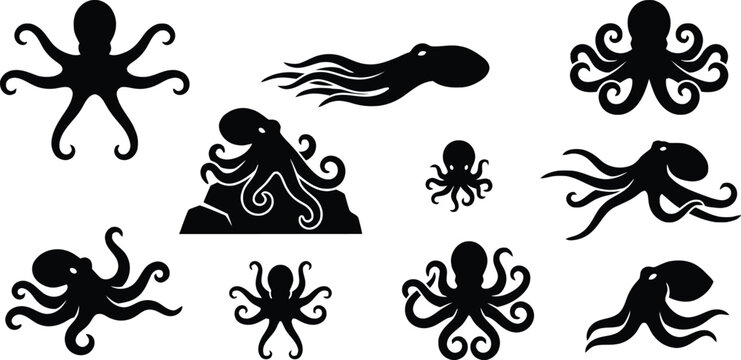 A collection of various octopus silhouettes isolated on a white background for marine wildlife design projects.