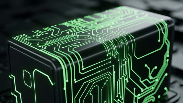 Abstract Glowing Green Circuit Board Lines on Black Cube