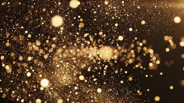 Golden particles and sparks flying in dark space with bokeh effect