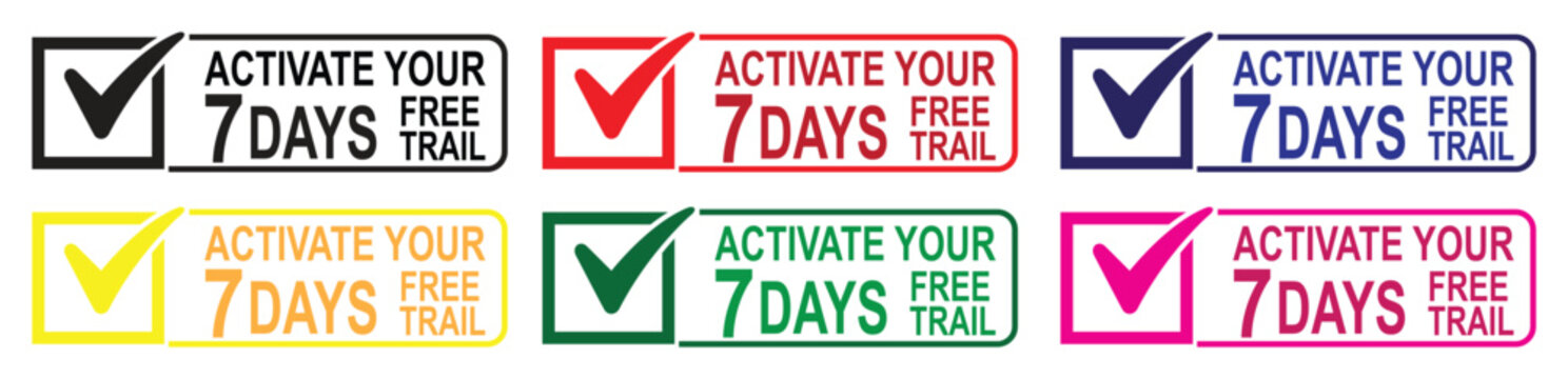 Activate Your 7 Days Free Trial, a vibrant vector button set, colorful checkmark icons for web design, digital marketing, and promotional banners