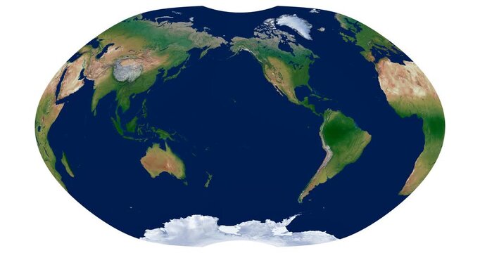 World Map. Ginzburg IV projection animation. High-detail physical map with smooth shapes. Longitude rotation.