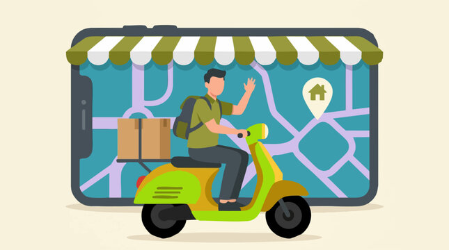 Online Delivery Service with Scooter Rider and Map Navigation on Smartphone