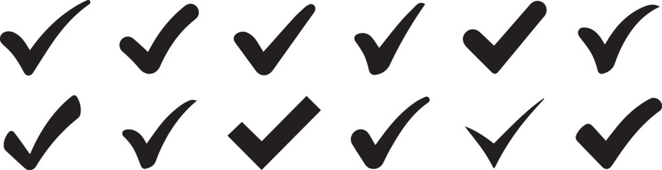 Collection of hand-drawn checkmark icons simple black tick symbols for confirmation and approval isolated on white background © MouzanFaraz