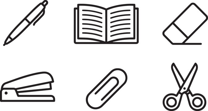 Modern minimalist line art icons pen, book, eraser, stapler, paperclip, scissors. Essential office and school supplies for a clean stationery concept.
