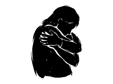 Woman embracing herself, feeling lonely, isolation, mental health concept, black silhouette