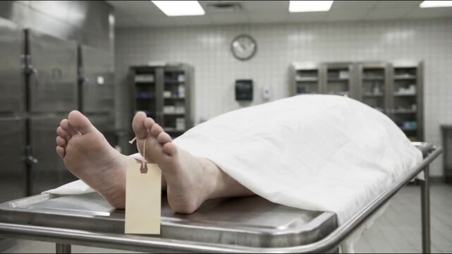 A covered deceased body with identification tag lying on a morgue autopsy table in a forensic pathology facility.