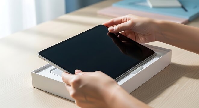 Person unboxing a new tablet device from its packaging on a wooden table
