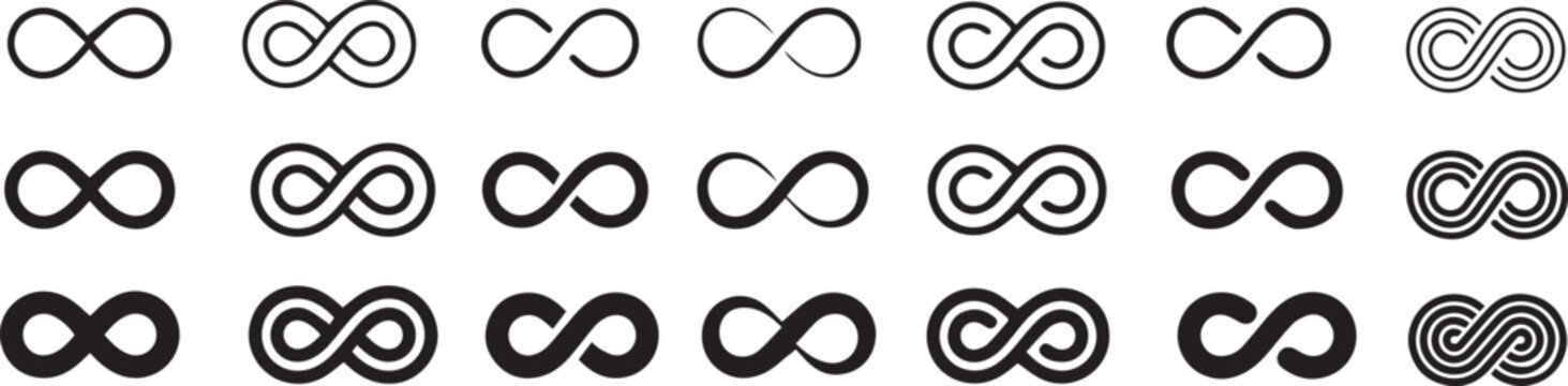 Collection of infinity symbols diverse line and filled vector icons representing eternity and endlessness perfect for conceptual design and abstract graphics