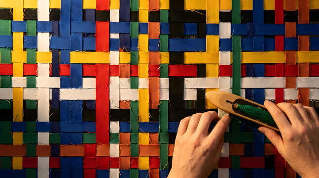 A person skillfully weaves colorful fabric strips into a vibrant textile using a wooden shuttle tool.