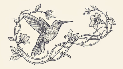 Hummingbird flying in decorative floral vine illustration. © azka