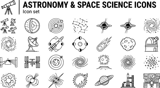 Astronomy Space Science Technical Line Art Icon Set Telescope Planet Solar System Constellation Black Hole Nebula Satellite Rocket Moon Phases Comet Observatory 25 Icons Editable Strokes Line Art 