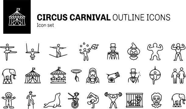 Circus Carnival Silhouette Icon Set Acrobat Trapeze Tightrope Juggler Fire Breather Ringmaster Clown Strongman Contortionist Big Top Carousel Fortune Teller Cannon Magician 25 Icons Editable