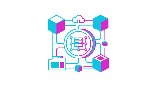 3D isometric blockchain cubes and cloud server icon.