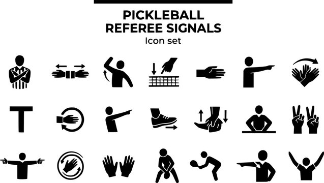 Pickleball Referee Signals Silhouette Icon Set Fault Signal Out Bounds Serve Kitchen Violation Let Call Point Side Out Timeout Replay Foot Fault Carry Line Judge 20 Icons Editable Strokes Flat Vector 