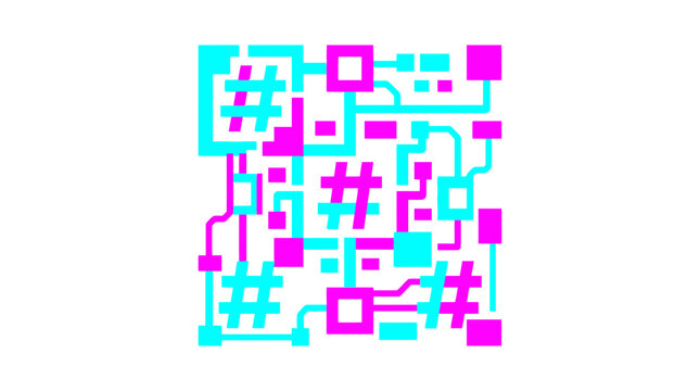 Abstract digital pattern with hashtag symbols in neon colors.