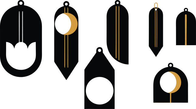 Black and gold hanging tag designs with various shapes and moon phases